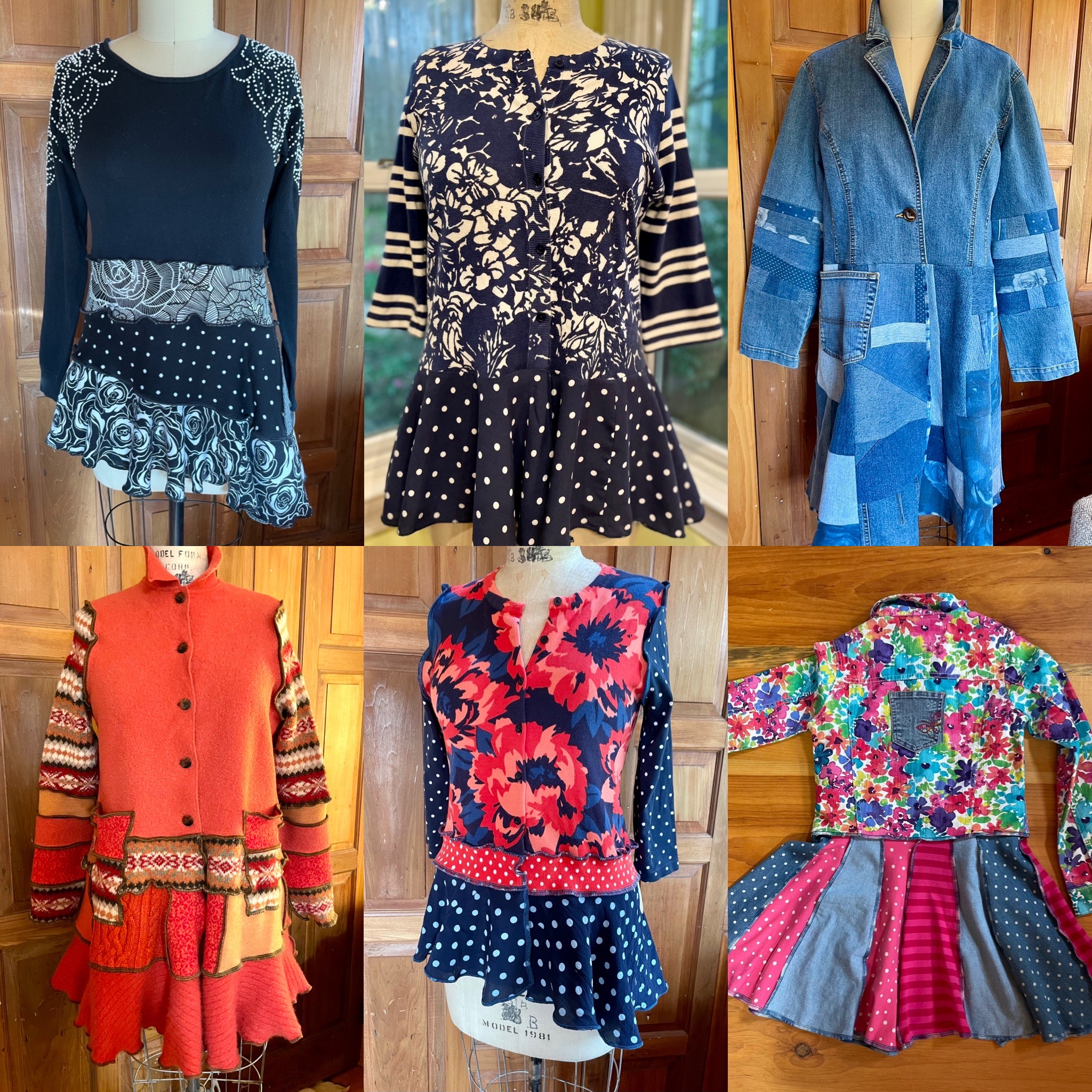 A selection of repurposed clothing by Nancy Plotsky.